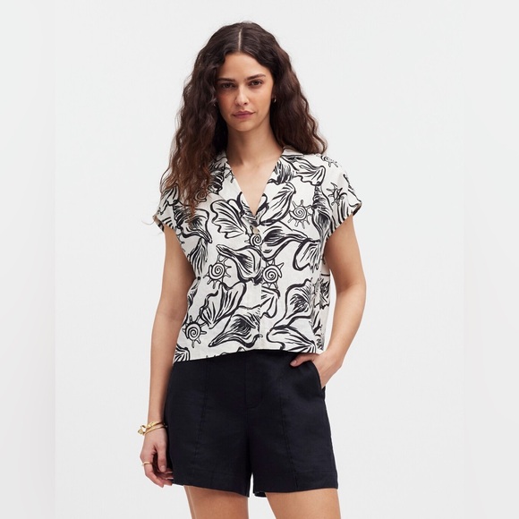 Madewell Tops - MADEWELL Boxy Cap-Sleeve Shirt in 100% Linen Lighthouse Shell Print Size XS